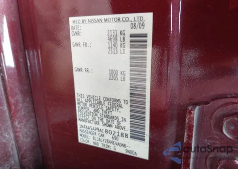 2010 Nissan Maxima 3.5 Sv z USA, uszkodzony, nr VIN 1N4AA5AP9AC802188